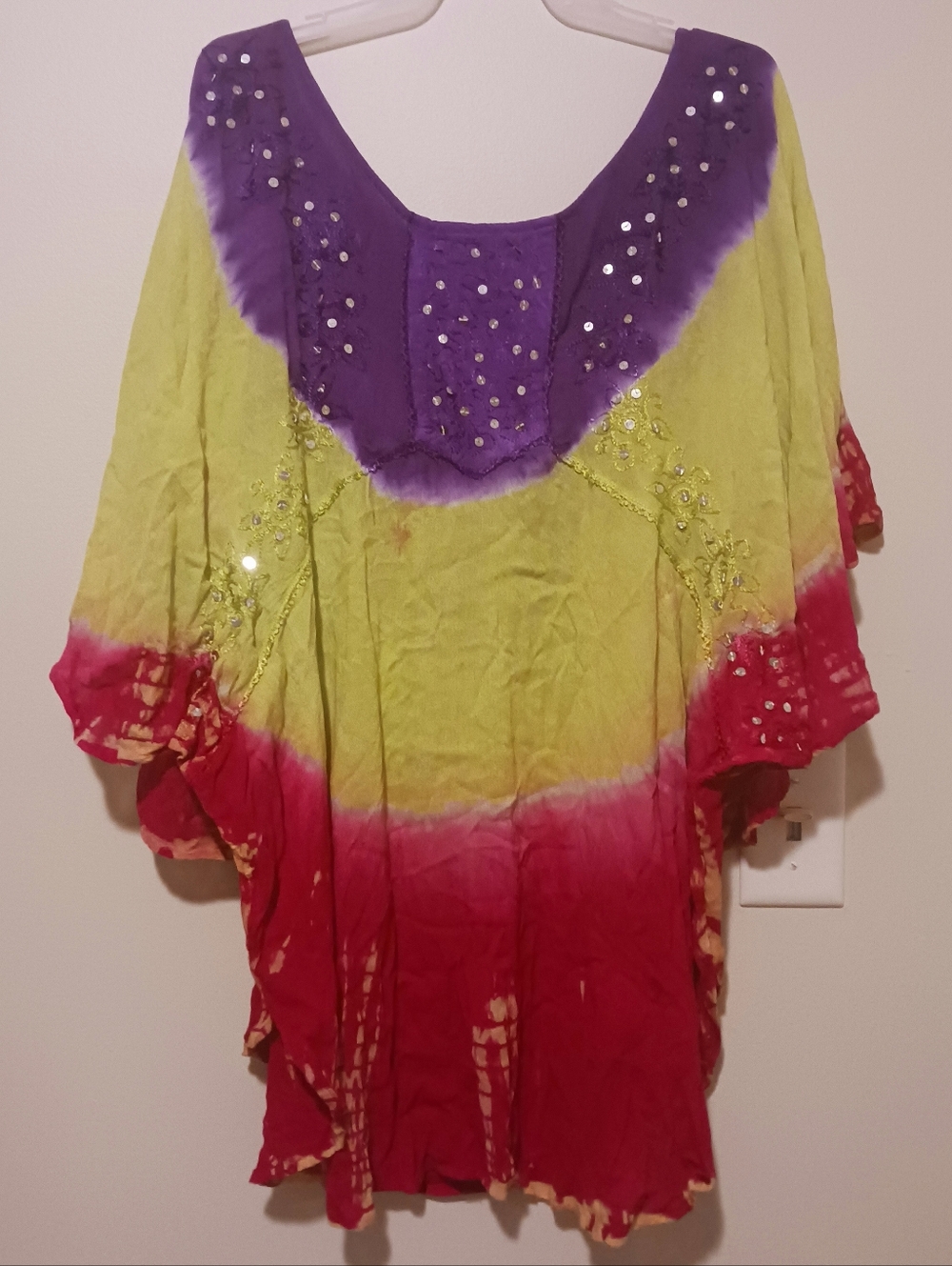 Boho Tie-Dye Flutter Sleeve Tunic in Purple, Lime & Magenta